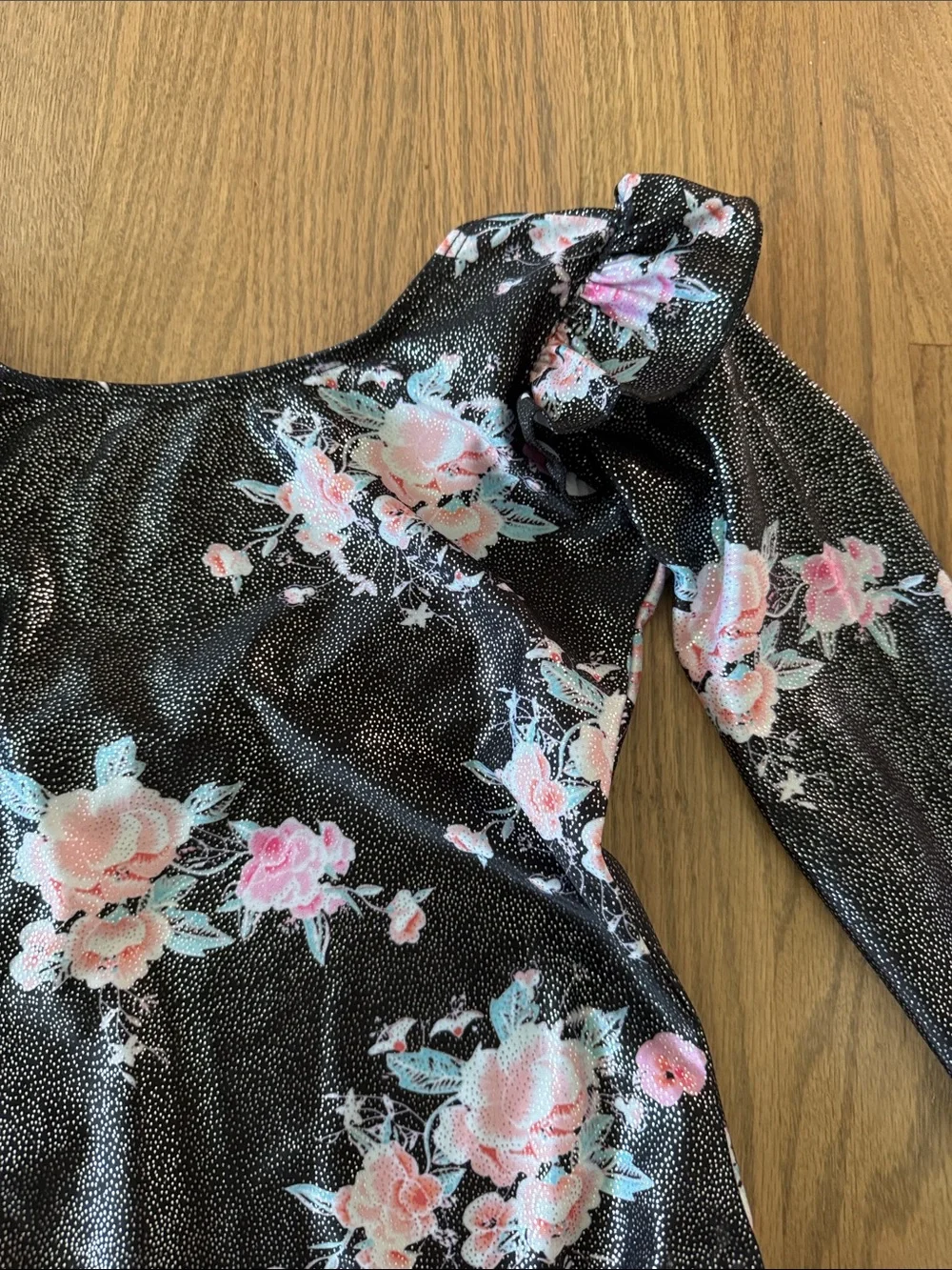 Black Floral Long-Sleeve Dance Leotard with Pink Accents